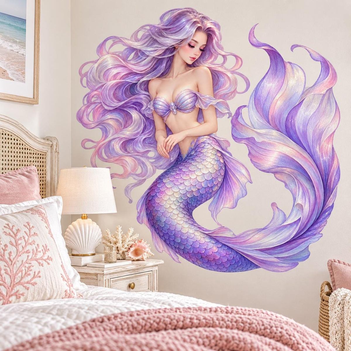 Purple Mermaid Wall Decal | Fantasy Bathroom Decor | Lavender Vinyl Wall Sticker | Whimsical Ocean Inspired Wall Decor | Large Mermaid Art