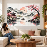 Asian Landscape Wall Decal Pagoda and Flowering Trees | Watercolor Mountain Lake Mural | Vinyl Living Room Decor | Cherry Blossom Wall Art