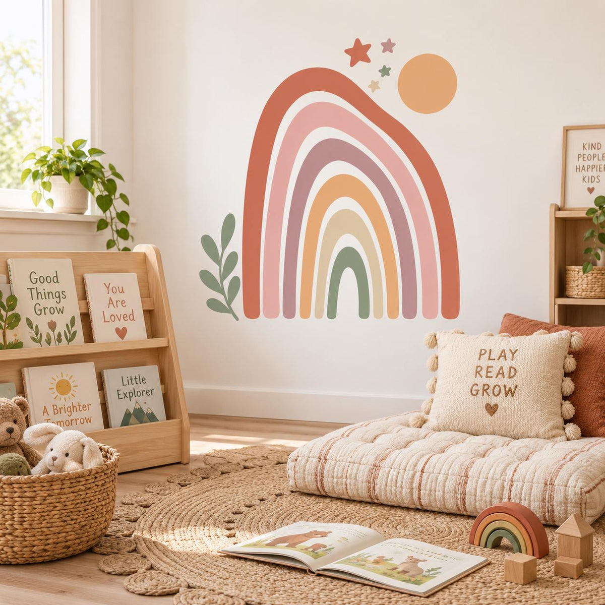 Boho Rainbow Wall Decal | Earth Tone Nursery Wall Decor | Retro Sun and Stars Vinyl Wall Sticker | Gender Neutral Baby Room Decor | Playroom