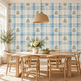 Blue Botanical Plaid Self Adhesive Vinyl Wallpaper | Watercolor Floral Gingham Wall Mural | Cottage Living Room Decor | Cream Accent Wall