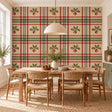 Radish plaid wallpaper with red vegetables, green leaves and red, green and blue gray stripes on a warm tan background.