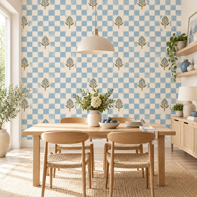 Pale blue and cream checkered wallpaper with delicate olive, taupe and blue gray botanical sprigs.