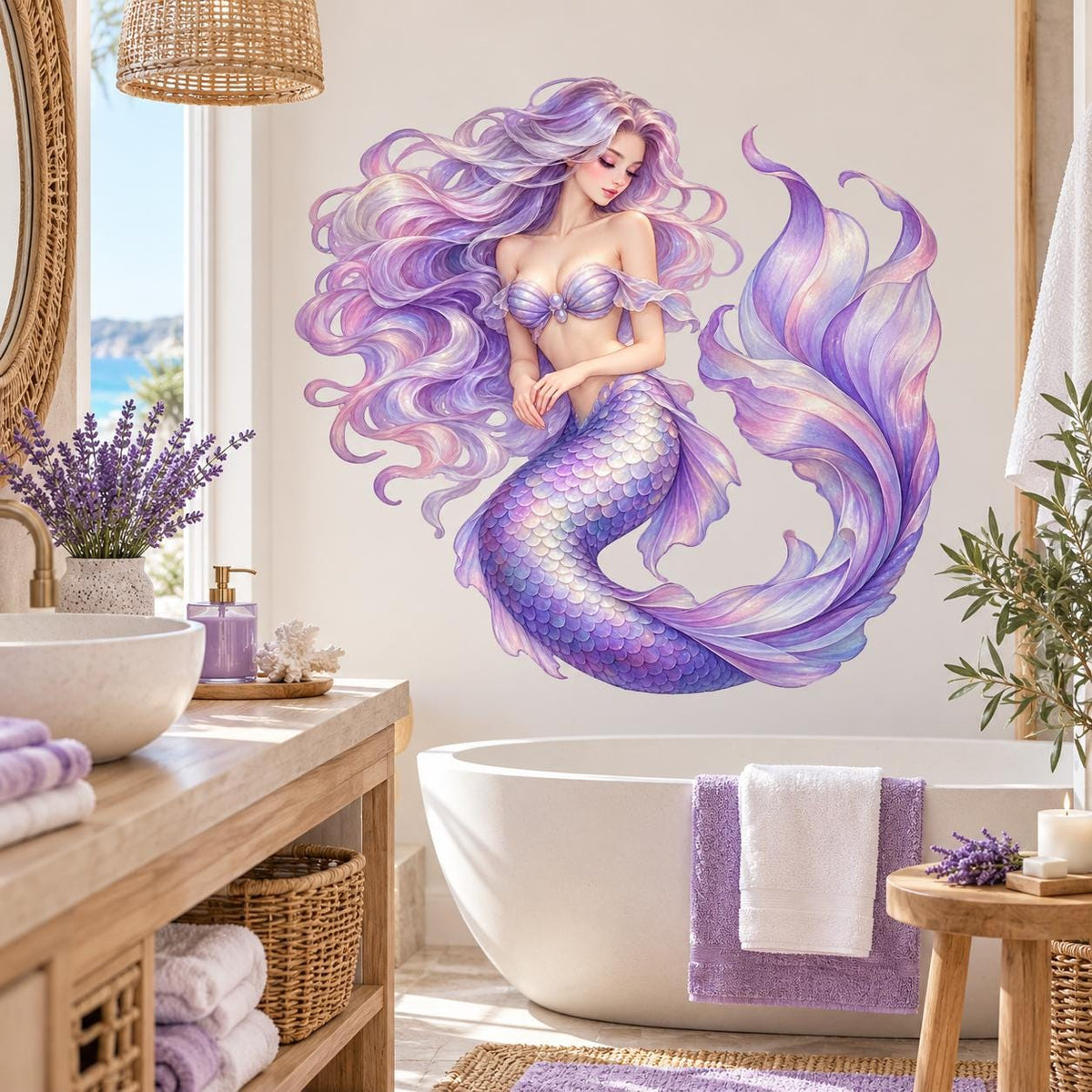Purple mermaid wall decal with flowing violet hair, a curled tail, teal seaweed, bubbles and marine plants.