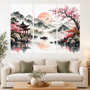 Three section Asian landscape wall decal with misty mountains, a peach sun, a lake, a boat, a red pavilion and pink blossoms.
