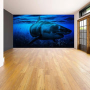 Large underwater mural featuring a shark, transforming a room into a stunning ocean landscape.
