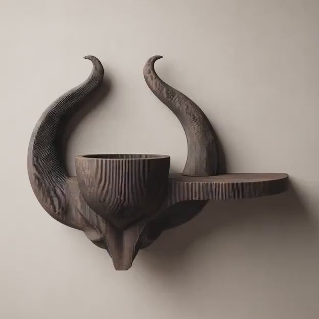 3D Printed Horned Altar Shelf | Dark Fantasy Floating Ledge with Ritual Bowl | Gothic Room Decor Accent for Bedroom Gaming Setup Display