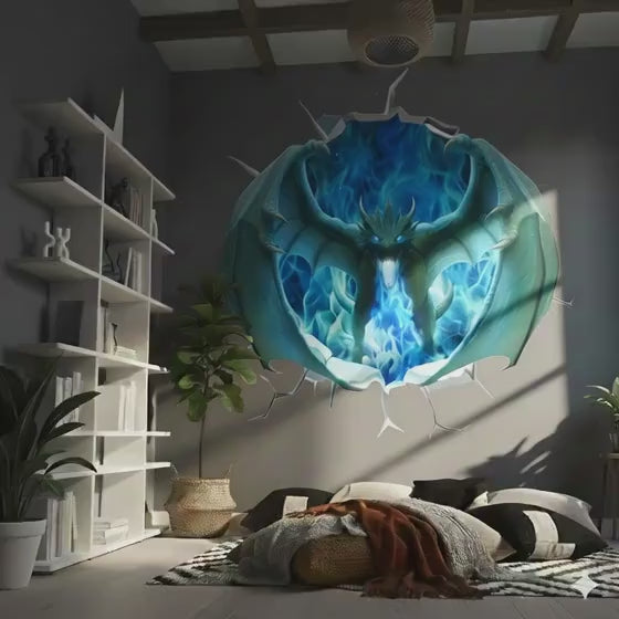 3D Blue Fire Dragon Wall Decal | Epic Fantasy Portal Mural for Teen Boys Room