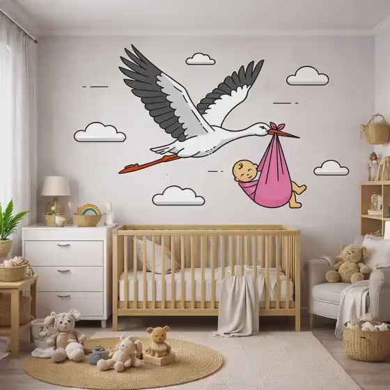 Stork Delivering Baby Girl | Nursery Wall Decal