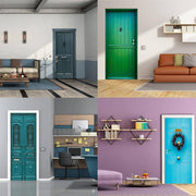 Rustic barn-style door mural shown in interior settings