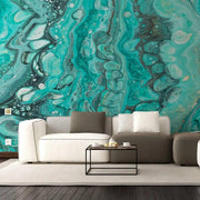 Luxurious turquoise marble pattern wallpaper with modern sofa and coffee table.