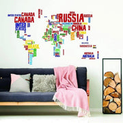 Colorful world map vinyl wall decal with country names.