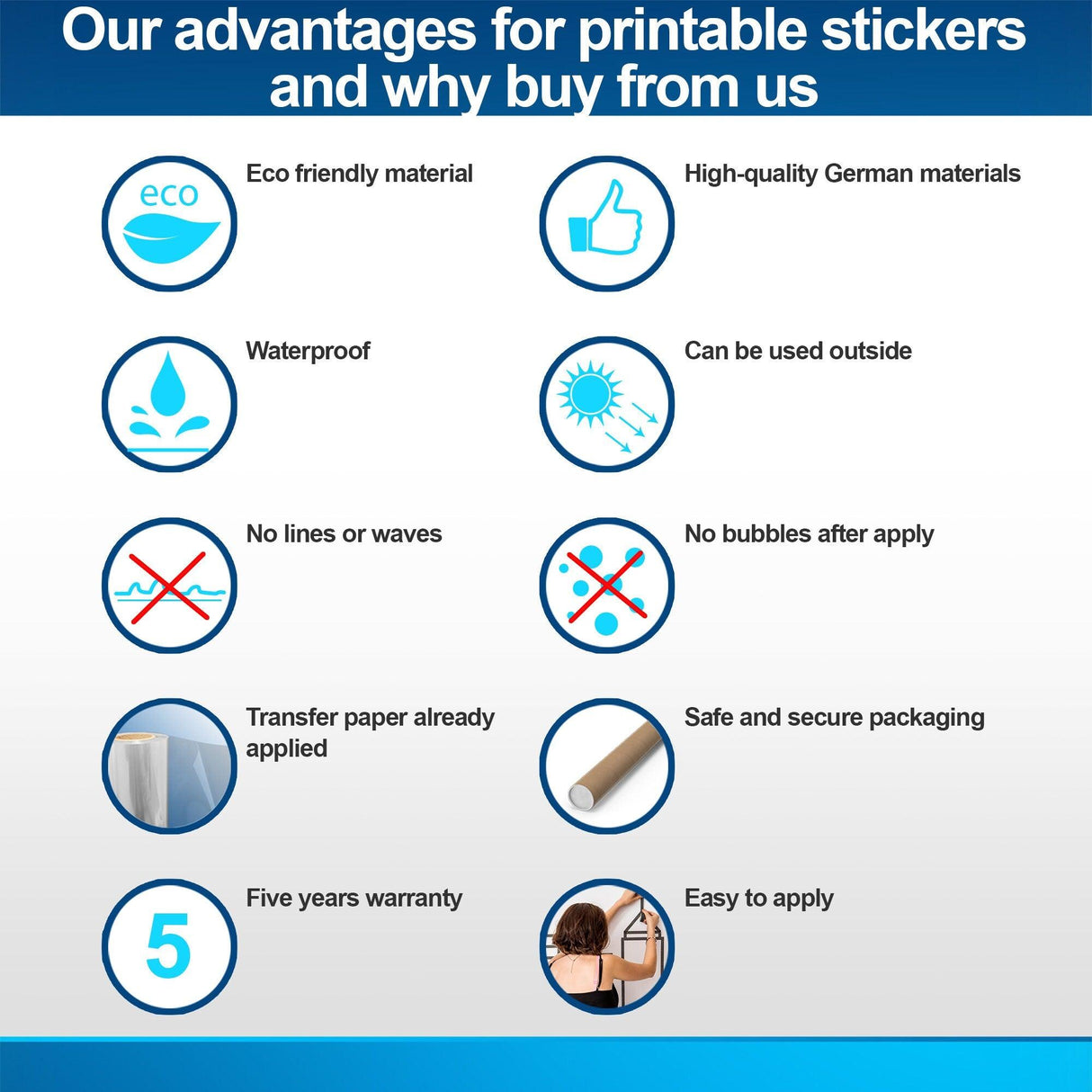 Graphic showing advantages of printable stickers: eco-friendly, waterproof, easy to apply, five-year warranty.