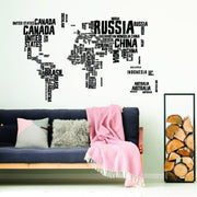 Colorful world map vinyl wall sticker with country names.