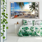 3D window beach view wall sticker in a bedroom, showcasing stunning ocean scene with palm trees and sandy beach.
