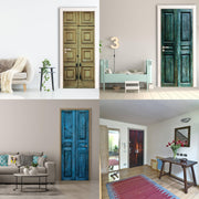 Collage of stylish door designs featuring rustic wood and vibrant colors in modern home interiors.