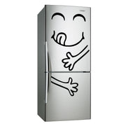 Funny happy face refrigerator decal on a stainless steel fridge, adding humor to kitchen decor.
