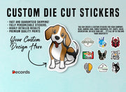 Custom die cut stickers featuring a dog design and various sample logos, promoting personalization and quality.