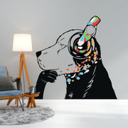 Dog in headphones wall decal showcasing urban style, inspired by Banksy graffiti art for a trendy home decor.