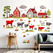 Farmyard wall decals featuring colorful cows, barns, and countryside scenes for a whimsical kids room decor.
