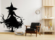 Halloween witch silhouette and flame design vinyl decal for seasonal wall decor.