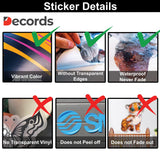 Sticker details highlighting vibrant colors, waterproof features, and durability without transparent edges.