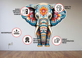 Colorful Floral Elephant Wall Decal with installation features highlighted for kids' and nursery rooms.