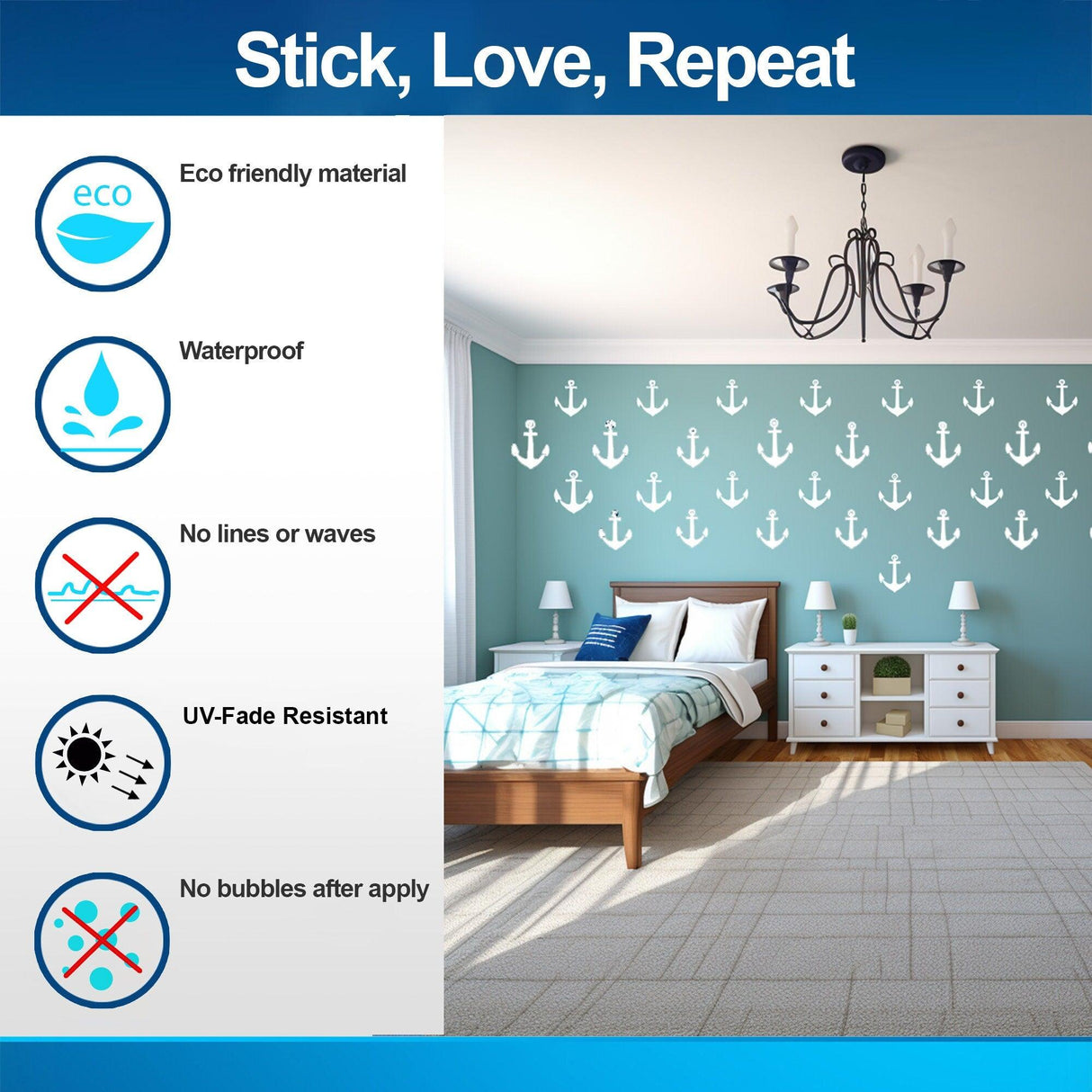 Eco-friendly vintage anchor wall decals in a stylish bedroom with waterproof features and easy application.
