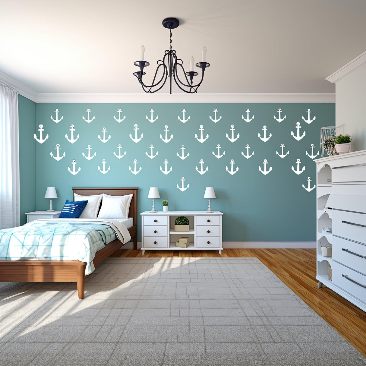 Charming bedroom with vintage anchor wall decals, creating a nautical vibe with blue walls and wooden furniture.