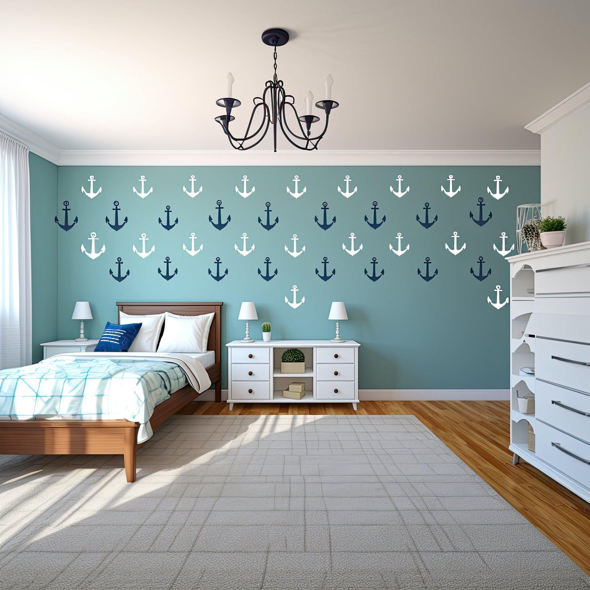 Vintage anchor wall decals in a stylish bedroom, showcasing a nautical theme with blue and white designs.